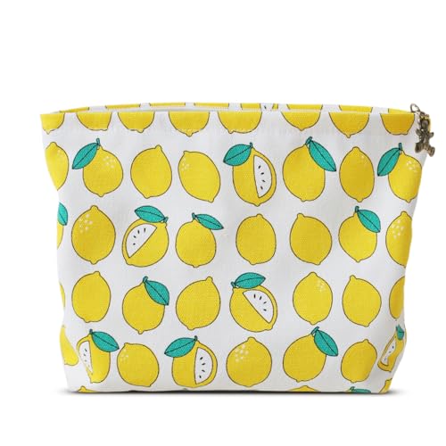 HAPPYHEIDI Canvas Makeup Bag, Cosmetic Travel Pouch, Cute Lemon, Cotton Blend, Fruit Pattern, Zipper Closure, 7.1x2.4x7 Inches - color: GR-Canvas-Cute Lemon