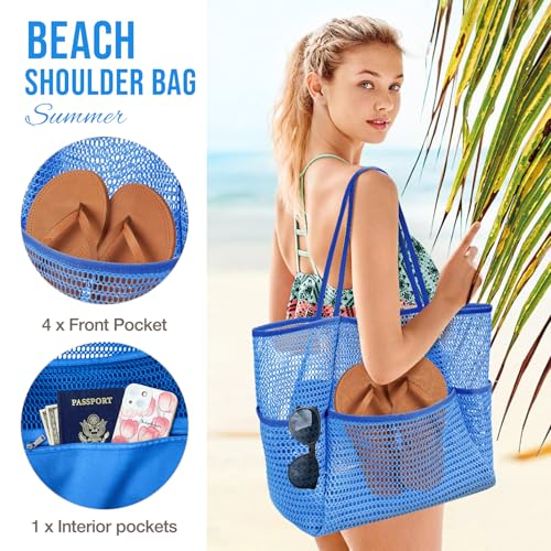 KPX Beach Bag with Mini Pocket, Summer Beach Tote Bags for Women Large Foldable Mesh Swimming Pool Travel Bags - Sandproof - color: Ocean Blue