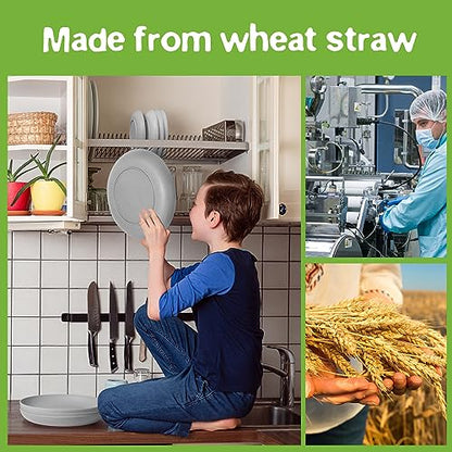 Teivio 32-Piece Kitchen Plastic Wheat Straw Dinnerware Set, Service for 8, Dinner Plates, Dessert Plate, Cereal Bowls, Cups, Unbreakable Colorful Plastic Outdoor Camping Dishes, Light Gray - color: Light Gray