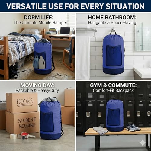 Backpack Laundry Bag, Durable polyster Laundry Backpack Bag with Shoulder Straps, Drawstring Closure & Mesh Pocket, Large Clothes Hamper for Dorm, Travel, Laundromat (Blue) - color: Blue