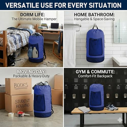 Backpack Laundry Bag, Durable polyster Laundry Backpack Bag with Shoulder Straps, Drawstring Closure & Mesh Pocket, Large Clothes Hamper for Dorm, Travel, Laundromat (Blue) - color: Blue