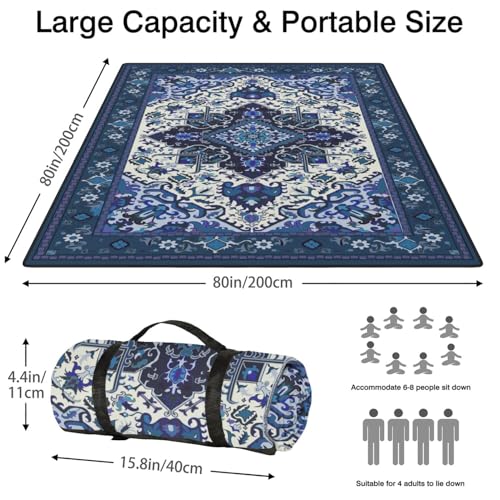 Supfitness Extra Large Picnic Blankets Waterproof Foldable (80"x 80") Beach Blanket Waterproof Sandproof,3-Layer Thicking Mat Outdoor Packable Camping Blanket - color: Boho-dark Blue, size: 80x80in