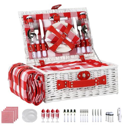 Picnic Baskets Wicker Willow Picnic Set for 4 Persons with Insulated Cooler Bag and Waterproof White Red Picnic Blanket Gift for Christmas Thanksgiving Wedding Birthday Camp Outdoor Beach Travel - color: White & Red
