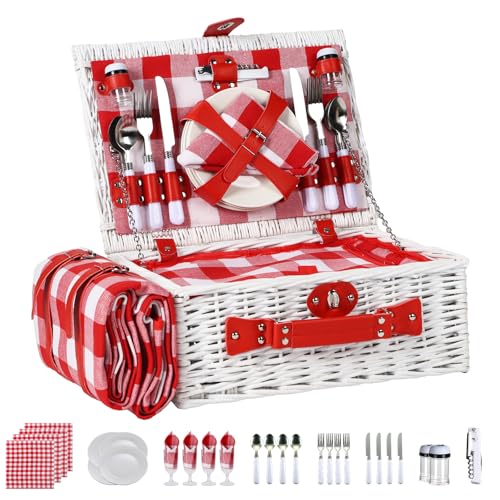 Picnic Baskets Wicker Willow Picnic Set for 4 Persons with Insulated Cooler Bag and Waterproof White Red Picnic Blanket Gift for Christmas Thanksgiving Wedding Birthday Camp Outdoor Beach Travel - color: White & Red