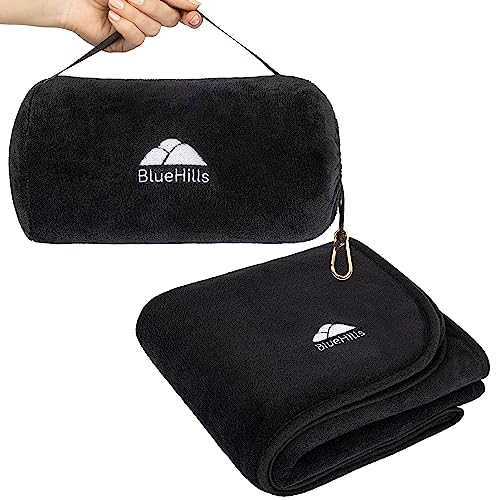BlueHills Travel Blanket Pillow Rolled Premium Soft Plush Airplane Throw Traveling Accessories Gifts Compact in a Bag 70 X 48 inches Long Plane Flight Portable Lightweight Black R05 - color: R05-black