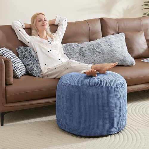 WSOFRLAC Pouf Ottoman Foot Stools with Foam Small Ottoman for Living Room Corduroy Ottomans Pouf 26x18in Foot Rest for Chair Blue Hassocks and Ottomans - color: Blue, size: 26"D x 26"W x 18"H