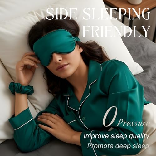 Silk Satin Sleeping Eye Mask, Dark Green Sleep Eye Mask Night Blindfold for Women and Men, Soft Breathable Blackout Eyeshade Eye Cover for Travel, Wedding Bridesmaid Gift - color: Dark Green