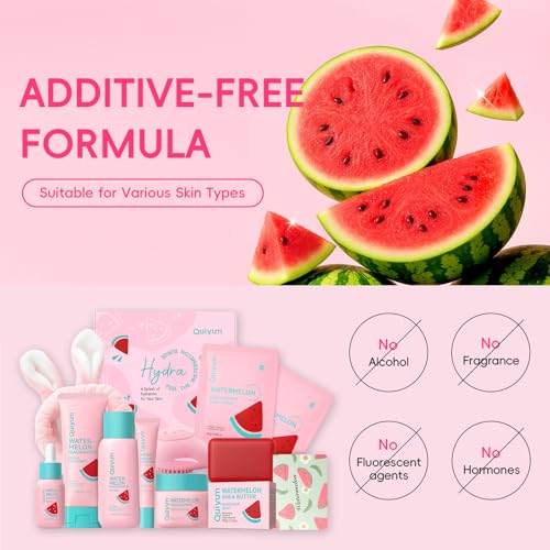 QUIYUM Watermelon Skin Care Kit for Teens Girls, 8 Daily Routine Beauty Skincare- Gift Set with Cleanser, Toner, Eye Cream, Moisturizer, Serum, 2 Facial Mask, Soap, Hydrate, Oil Control, Glow, Smooth - size: 7 Pieces