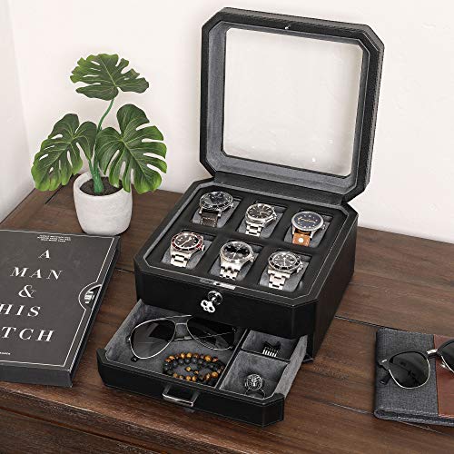 ROTHWELL Gift Set 6 Slot Leather Watch Box and 2 Watch Travel Case - Luxury Case Organizer, Microsuede Liner, Locking Mens Jewelry Watches Holder, Storage Boxes Glass Top (Black/Grey Gift Set) - color: 6 Slot - Black/Grey Gift Set