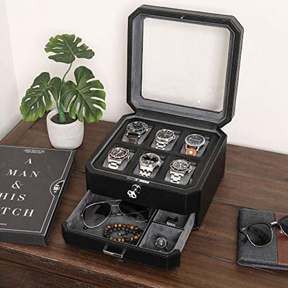 ROTHWELL Gift Set 6 Slot Leather Watch Box and 2 Watch Travel Case - Luxury Case Organizer, Microsuede Liner, Locking Mens Jewelry Watches Holder, Storage Boxes Glass Top (Black/Grey Gift Set) - color: 6 Slot - Black/Grey Gift Set