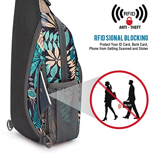 G4Free RFID Sling Bag Crossbody Backpack Small Chest Shoulder Bag Hiking Outdoor - color: Blue Leaf