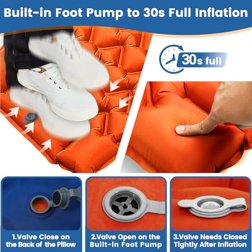 Ultralight 4-Inch Camping Sleeping Pad with Built-in Foot Pump, Inflatable Mat for Side Sleepers, Stays Inflated Overnight, Compact for Festivals, Backpacking & Car Camping - color: Orange+blue
