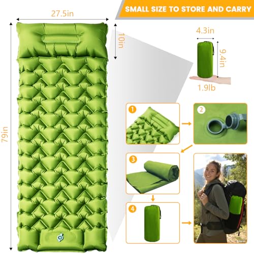 Camping Sleeping Pad, Ultralight Camping Mat with Pillow Built-in Foot Pump, Inflatable Sleeping Pads Compact for Travel, Camping Backpacking Hiking Tent Car Camp Gear - color: Green