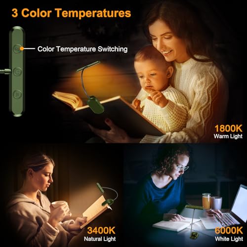 Gritin Rechargeable Book Light for Reading in Bed with 19 LED &Memory Function-Eye Caring 3 Color Temperatures,5 Brightness Levels,90 Hrs Runtime Flexible Goose Neck Clip on Light-Deep Green - color: Deep Green
