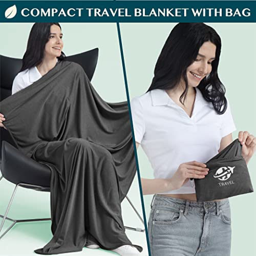 PAVILIA Travel Blanket Airplane Compact with Bag, Small Travel Pillow Blanket for Long Flights, Lightweight Plane Blanket with Luggage Strap, Camping Blanket for Traveler Essentials, Black, 65x40 - color: Black