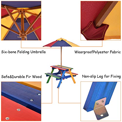 Costzon Kids Picnic Table Set, Colorful Wood Picnic Table and Benches with Removable/Folding Umbrella, Children Rainbow Bench Outdoor Patio Set