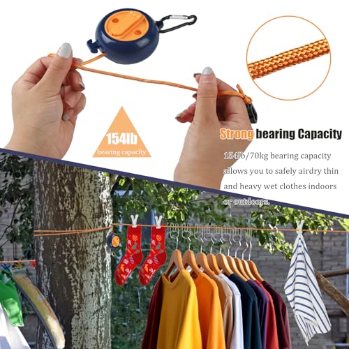 32Ft Portable Travel Clothesline Caudblor Adjustable Camping Clothes Laundry Drying Rope for Hotel Trip, Cruise, Outdoor/Indoor with 10 Windproof Clips, 10 Clothespins, 1 Storage Bag（Blue）