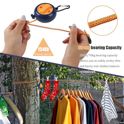 32Ft Portable Travel Clothesline Caudblor Adjustable Camping Clothes Laundry Drying Rope for Hotel Trip, Cruise, Outdoor/Indoor with 10 Windproof Clips, 10 Clothespins, 1 Storage Bag（Blue）