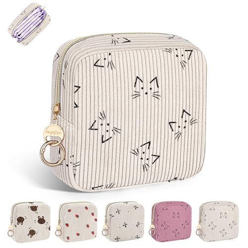 Period Bag for Teen Girls, Corduroy Cute Cats Sanitary Napkin Storage Bag, Menstrual Pad Pouches Tampon Holder for Purse (Beige-Cats) - color: Cats-beige