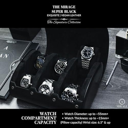 Black Watch Case for Men - 6-watch Roll Travel Case by Mirage - Super Black motif design - color: Super Black 6-watch case
