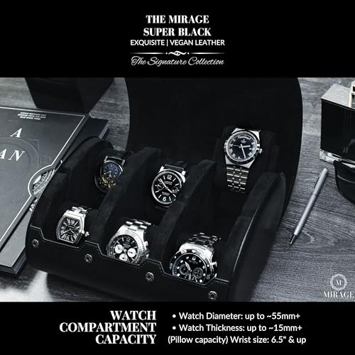 Black Watch Case for Men - 6-watch Roll Travel Case by Mirage - Super Black motif design - color: Super Black 6-watch case