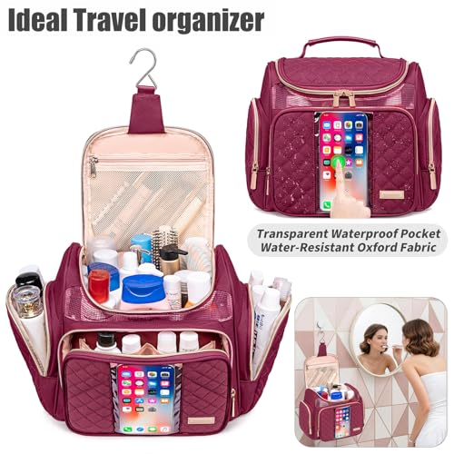 Large Toiletry Bag for Women Men,Bathroom Bag,Water Resistant Shower Bag,Makeup Bag,Toiletry Bags for Traveling,Hanging Toiletry Bag with Transparent Waterproof Phone Pocket (Wine Red) - color: Wine Red