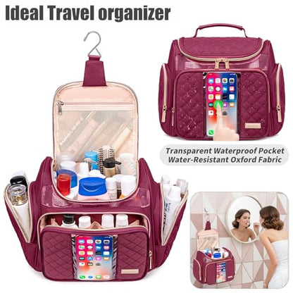 Large Toiletry Bag for Women Men,Bathroom Bag,Water Resistant Shower Bag,Makeup Bag,Toiletry Bags for Traveling,Hanging Toiletry Bag with Transparent Waterproof Phone Pocket (Wine Red) - color: Wine Red