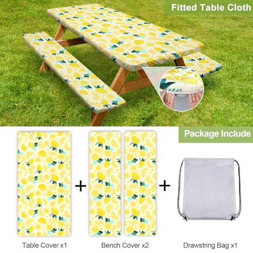 Picnic Table Cover with Bench Covers 6FT 3 Pcs Waterproof Windproof Aesthetic Camping Tablecloth with Drawstring Bag, Fitted for 6 Foot Rectangle Tables and Seats, 72 inch, Yellow Lemon - color: Yellow Lemon
