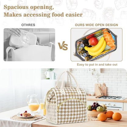 LOKASS Insulated Lunch Bag Women- Reusable 10 L Lunch Box for Women - Leakproof Tote Cooler Bag for Adults Work, Beach, Travel, Picnic （Brown&White Diamond Grid） - color: Brown Check