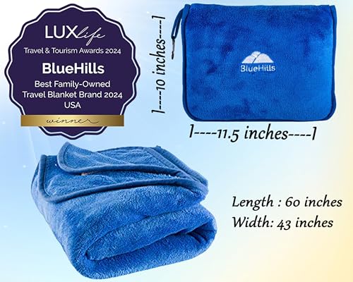 BlueHills Premium Soft Travel Blanket Pillow Airplane Blanket Packed in Soft Bag Pillowcase with Hand Luggage Belt and Backpack Clip, Compact Pack Large Plush for Any Travel (Royal Blue T003) - color: Royal-1pk-t003