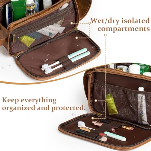 Janhavi Birthday Gifts for Men, Beach Vacation Essentials, Waterproof Toiletry Bag with Hook, Personalized PU Leather Laser Engraved Initials & Mountain, Birthday Gifts For Him (Brown D) - color: Brown, style: D