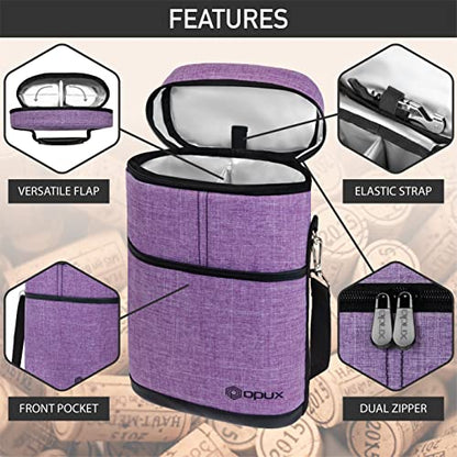 opux 2 Bottle Wine Carrier Tote, Insulated Leakproof Wine Cooler Bag, Wine Travel Bag for Picnic BYOB Beach, Portable Wine Bottle Carrying Case, Gift for Wine Lover Women Men Christmas, Purple - color: Heather Purple