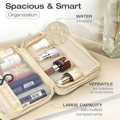 KAZAY Hanging Toiletry Bag with TSA Approved Detachable Pouch, Compact Travel Size, Travel Toiletry Bag, Water Resistant, Premium Nylon, Travel Size Toiletries, Cosmetic Makeup Bag, Unisex (Beige) - color: Beige