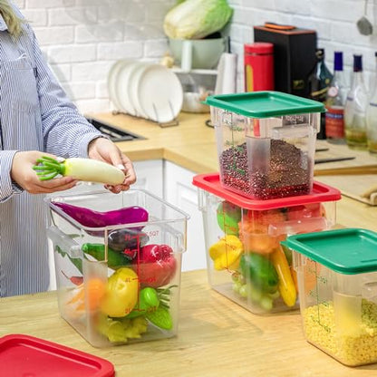 Lallisa 4 Pcs 8qt & 4qt Clear Food Storage Containers with Lids Handles and Scales, Stackable Plastic Square Food Storage Containers for Dough Proofing Baking Kitchen Restaurant(Red, Green) - color: Red, Green