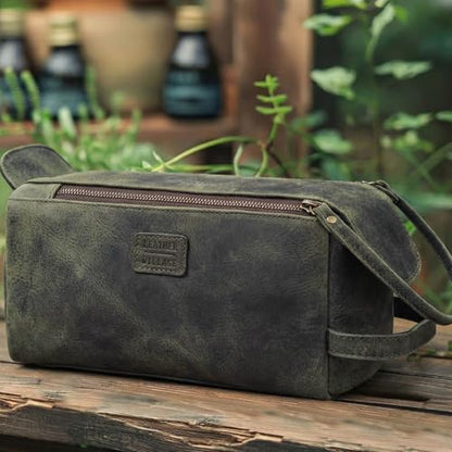 LEATHER VILLAGE Genuine Leather Travel Toiletry Bag - Water-Resistant Dopp Kit for Toiletries, Large Shaving Bag & Bathroom Organizer - Gift for Men & Women - Olive - color: Olive