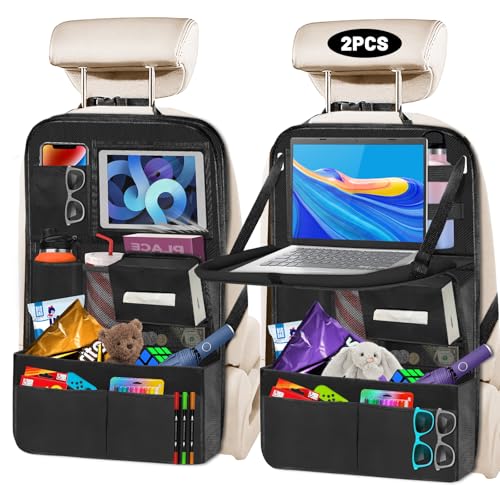Backseat Car Organizer with Table Tray,12 Pockets Storage Organizer with Tablet Holder,Car Seat Organizer with Car Tissue Holder,Kick Mats Protector For Kids,Travel Accessories(2-Pack)