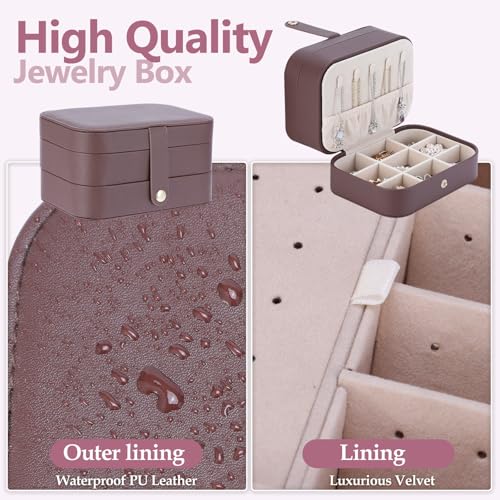 Travel Jewelry Case with LED Makeup Mirror, Portable Travel Jewelry Organizer, 2-Layer Jewelry Box for Earrings Necklace Bracelet Rings, Birthday Gifts for Women Girls (Dark Brown)