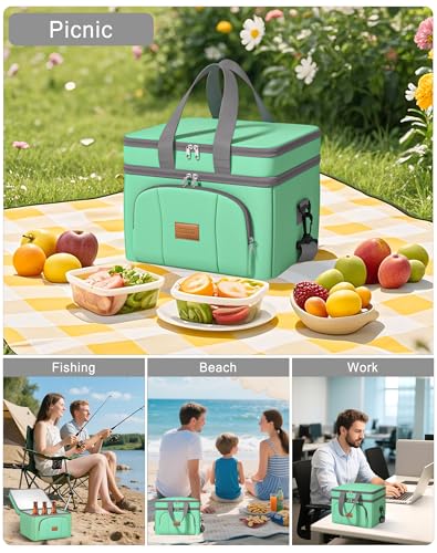 Rnivvi Lunch Box for Women, Double Decker Insulated Cooler Bag Lunch Bag Reusable Leakproof Tote Lunch Container with Strap for Work Family Picnic Hiking Camping, 18 Cans 12L, Large Adults, Green - color: Green