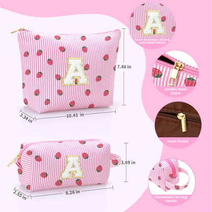 Personalized Initial Makeup Bag,Strawberry Print Preppy Cosmetic Toiletry Travel Bag,Trendy Letter Makeup Pouch for Teen Girls and Women,Holiday & Birthday Gift,2 Pack (O, Pink Strawberry) - style: O