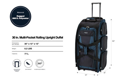 Travelers Club Xpedition 30 Inch Multi-Pocket Upright Rolling Duffel Bag - color: Rivera Blue