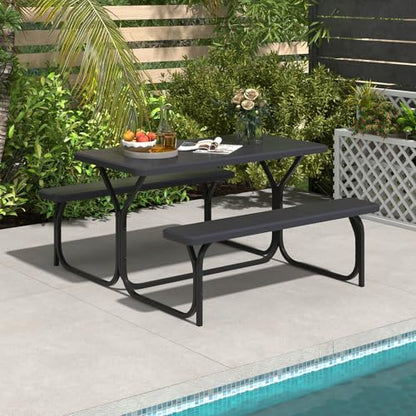 S AFSTAR Picnic Table, 59” Plastic Picnic Table with Benches, Steel Frame & Wood-Like Texture Tabletop, Expanded Rectangular Camping Table Chair Set for Garden Patio Lawn Deck (Black) - color: Black