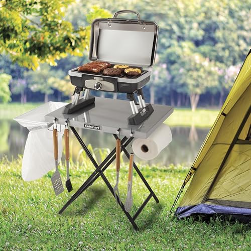 Cuisinart Fold ‘n Go Prep Table, Portable Folding Table and Grill Stand with Tool Hooks, Trash Bag Holder, Paper Towel Rack, 24” x 20” Steel Food Prep Station Perfect for BBQs, Tailgates and Camping