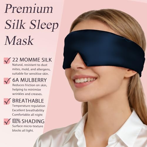 22 Momme 6A Pure Mulberry Silk Sleep Mask for Side Sleeper, Navy Blue Padded Full Coverage Blackout Eye Mask with Adjustable Velcro Strap for Men Women Travel Night Nap - color: Navy Blue