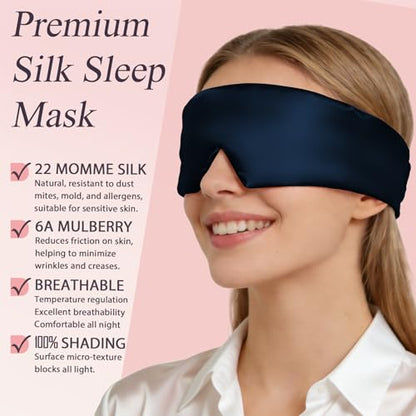 22 Momme 6A Pure Mulberry Silk Sleep Mask for Side Sleeper, Navy Blue Padded Full Coverage Blackout Eye Mask with Adjustable Velcro Strap for Men Women Travel Night Nap - color: Navy Blue