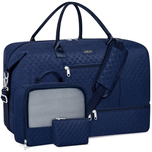 ITIEZY Weekender Overnight Bag for Women - Large Travel Duffel Bag with Shoe Compartment, Gym Duffel Bag Hospital Bag Carry On Tote Bags for Airplanes with Crossbody Bag Toiletry Bag 3Pcs Set - color: 9a-Blue