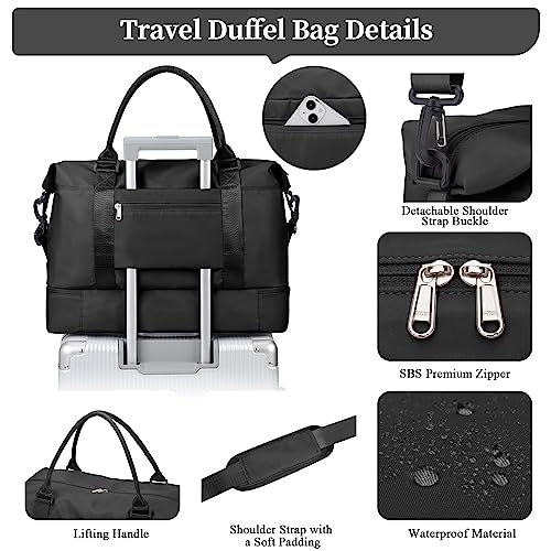 Weekender Bags for Women,Personal Item Travel Bag with Shoes Compartment,Overnight Travel Duffel Bag with Toiletry Bag - color: Black, size: Large