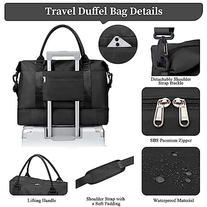 Weekender Bags for Women,Personal Item Travel Bag with Shoes Compartment,Overnight Travel Duffel Bag with Toiletry Bag - color: Black, size: Large