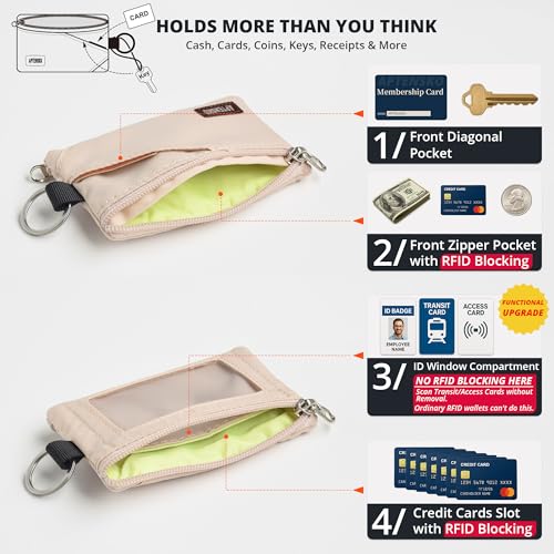 RFID Blocking Travel Wallet with Adjustable Lanyard, Small Nylon Zipper Pouch and Badge Holder for ID, Credit Cards, Cash, Keys, Commuters (Almond White) - color: Almond White