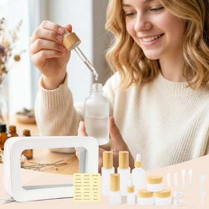 Glass Travel Bottles for Toiletries - 19pcs Skincare Travel Containers with PU Leather Toiletry Bag, Pump Spray Bottle Cream Jar Leak Proof Mini Makeup Containers for Serum Moisturizer Toner