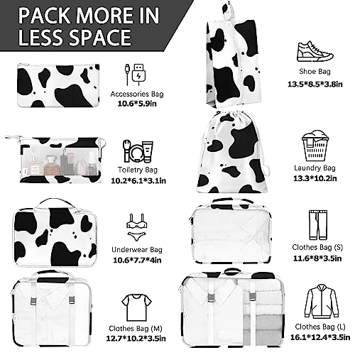 KPX 8 Set Packing Cubes for Travel, Luggage Packing Organizers Accessories Large Toiletries Bag for Clothes Shoes Cosmetics (Cow) - color: 8Set-Cow
